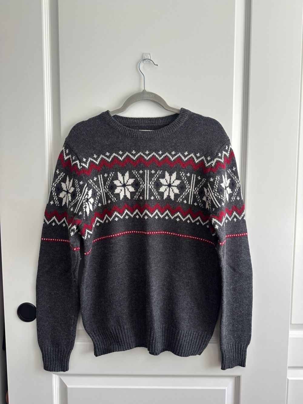 Women's Dark Gray Fair Isle Knit Sweater with Red and White Accents